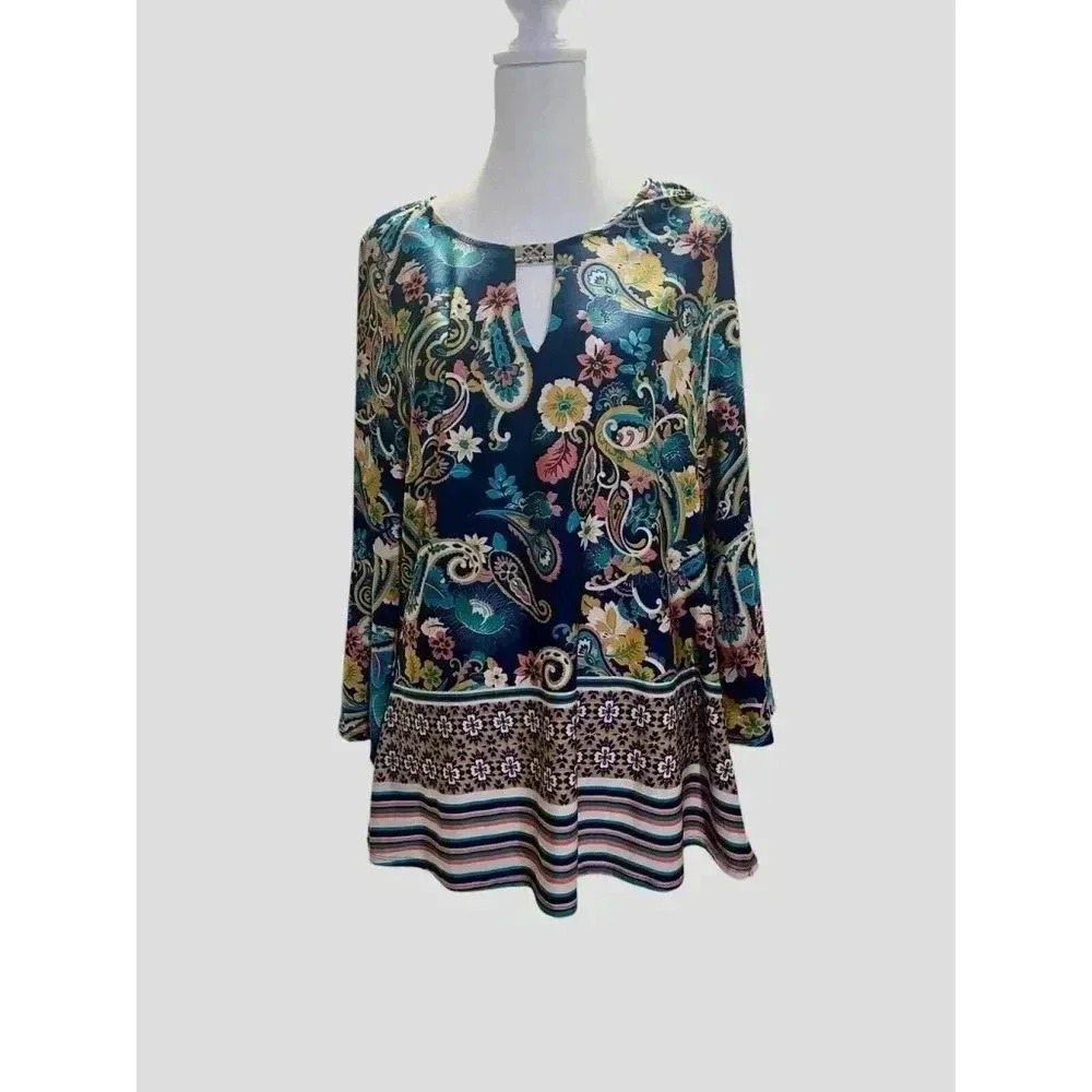 Valerie Stevens Size Large Paisley Floral‎ Boho Blouse Top Blue Pink